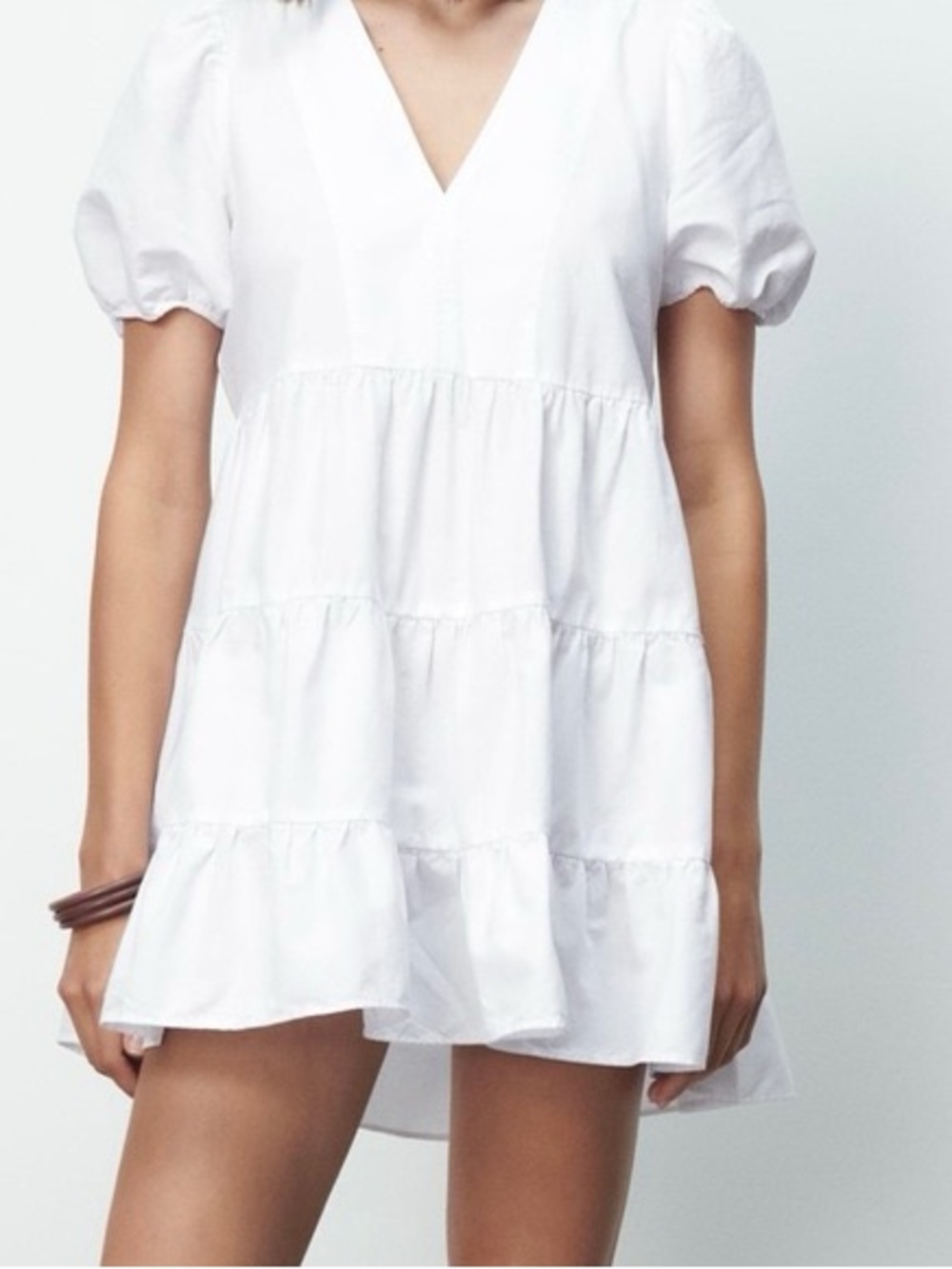Zara White V-Neck Tiered Mini Dress, Size S